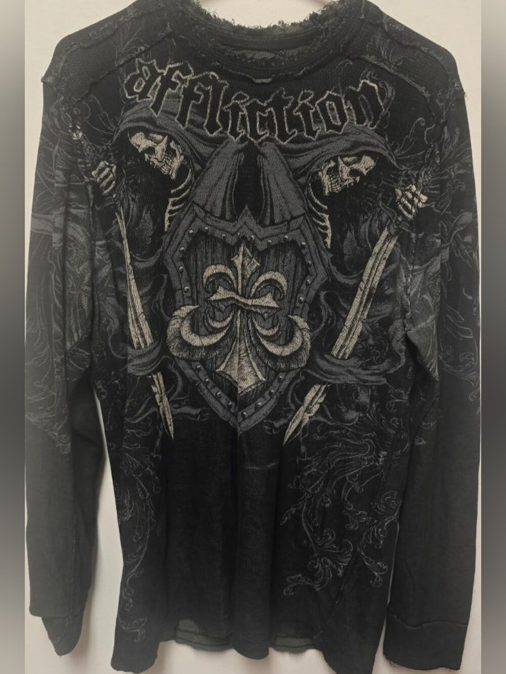 Affliction Reversible Black Long Sleeve Shield & Skull Graphic Tee